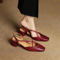 Red cross-strap pointed-toe heeled slingback flats with chunky block heel