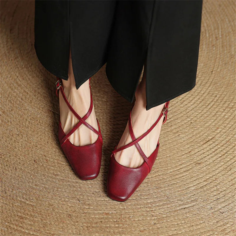 Red T-strap pointed-toe heeled slingback flats with chunky block heel
