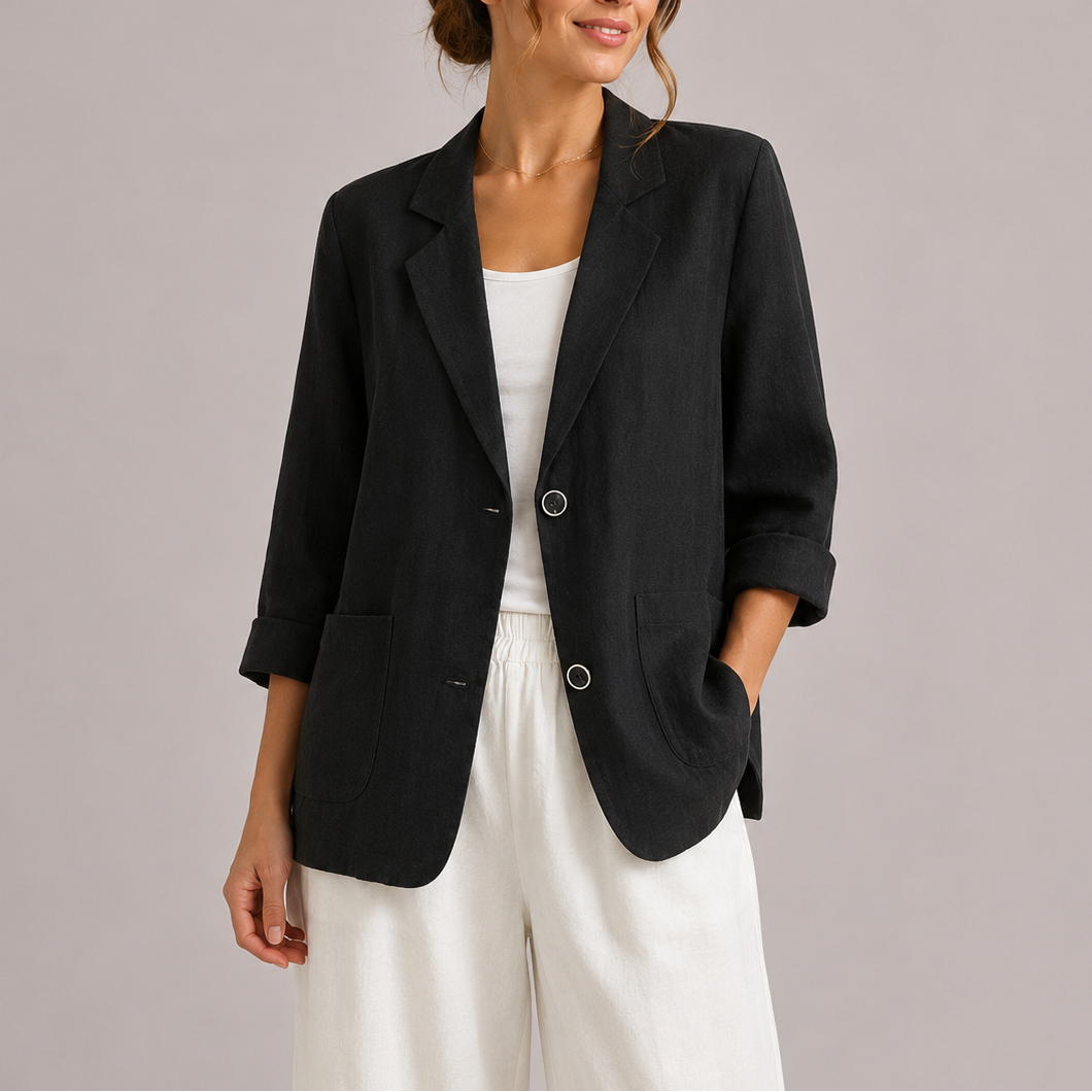 Black linen-look blazer with notch lapel, two-button front, flap pockets, cuffed sleeves