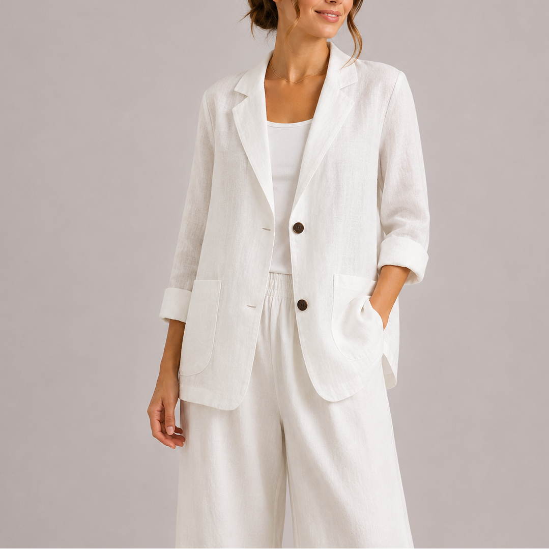 White linen-look blazer with notch lapel, two-button front, side patch pockets, rolled cuffs
