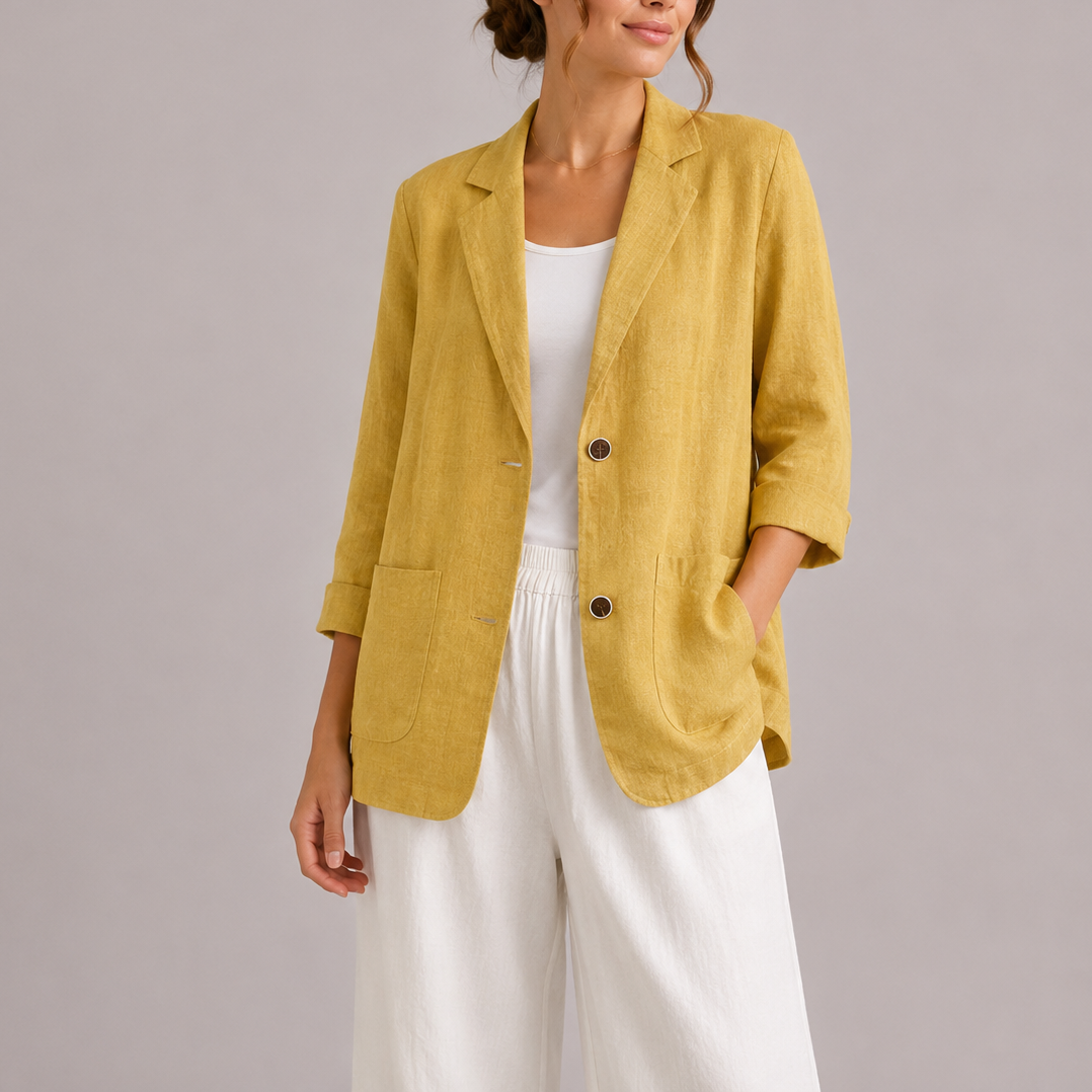 Yellow linen-look blazer with notch lapel, two-button front, cuffed sleeves, patch pockets
