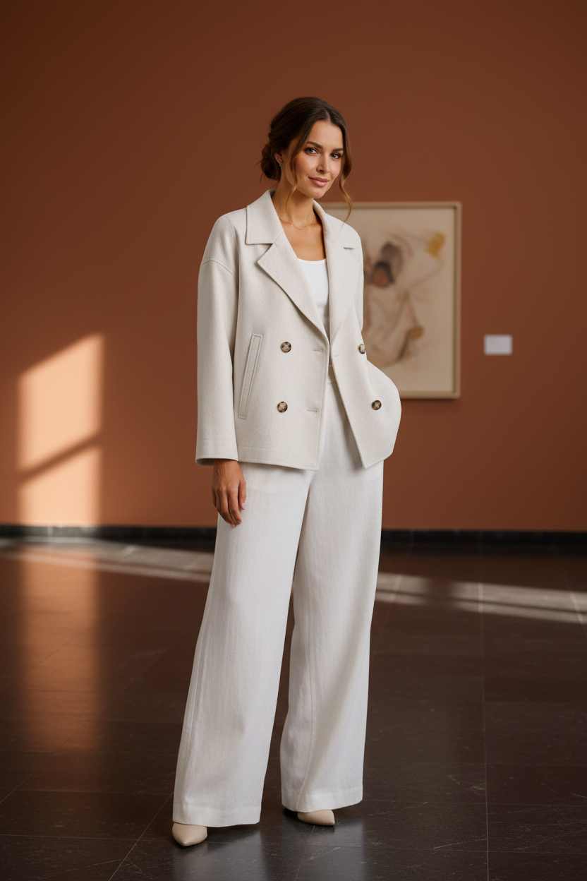 Women’s off-white cropped fitted jacket, notched lapels, double-breasted gold buttons