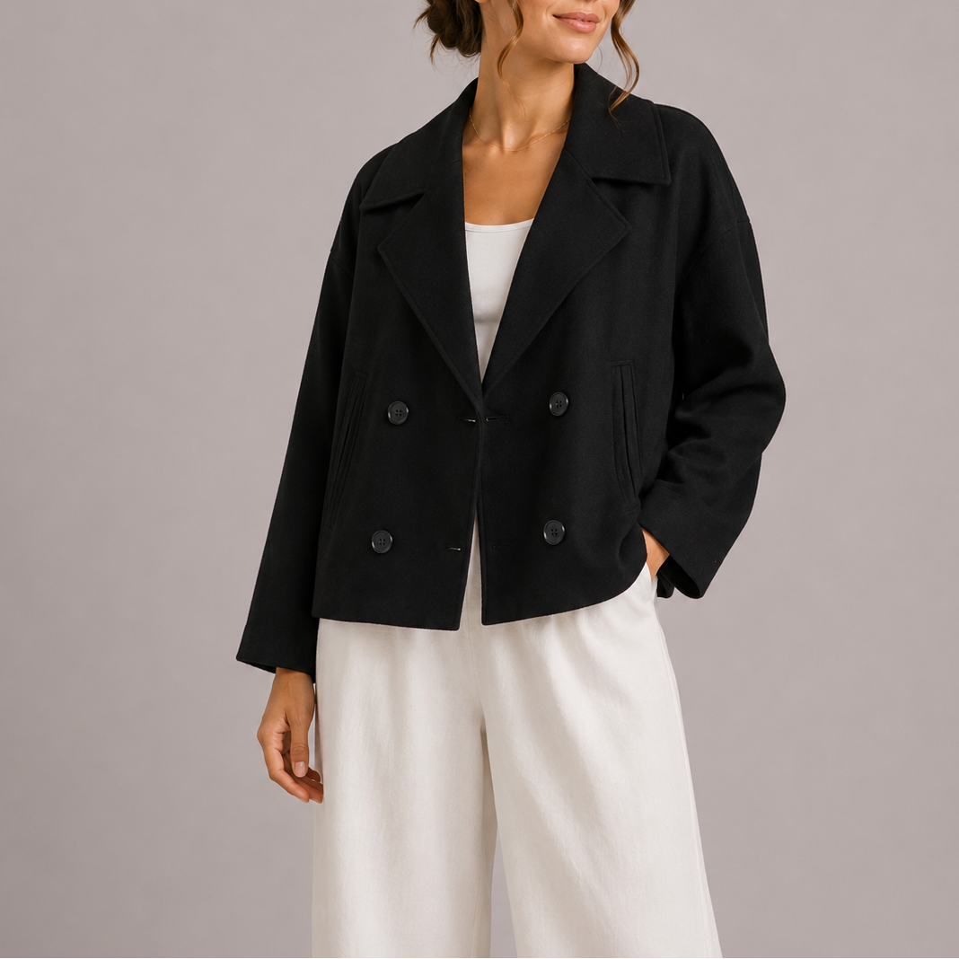 Women’s black cropped fitted jacket, notched lapels, double-breasted button front