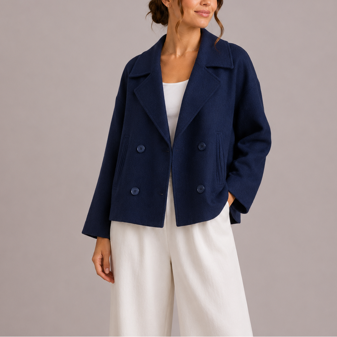 Women’s navy cropped fitted jacket, notched lapels, double-breasted buttons