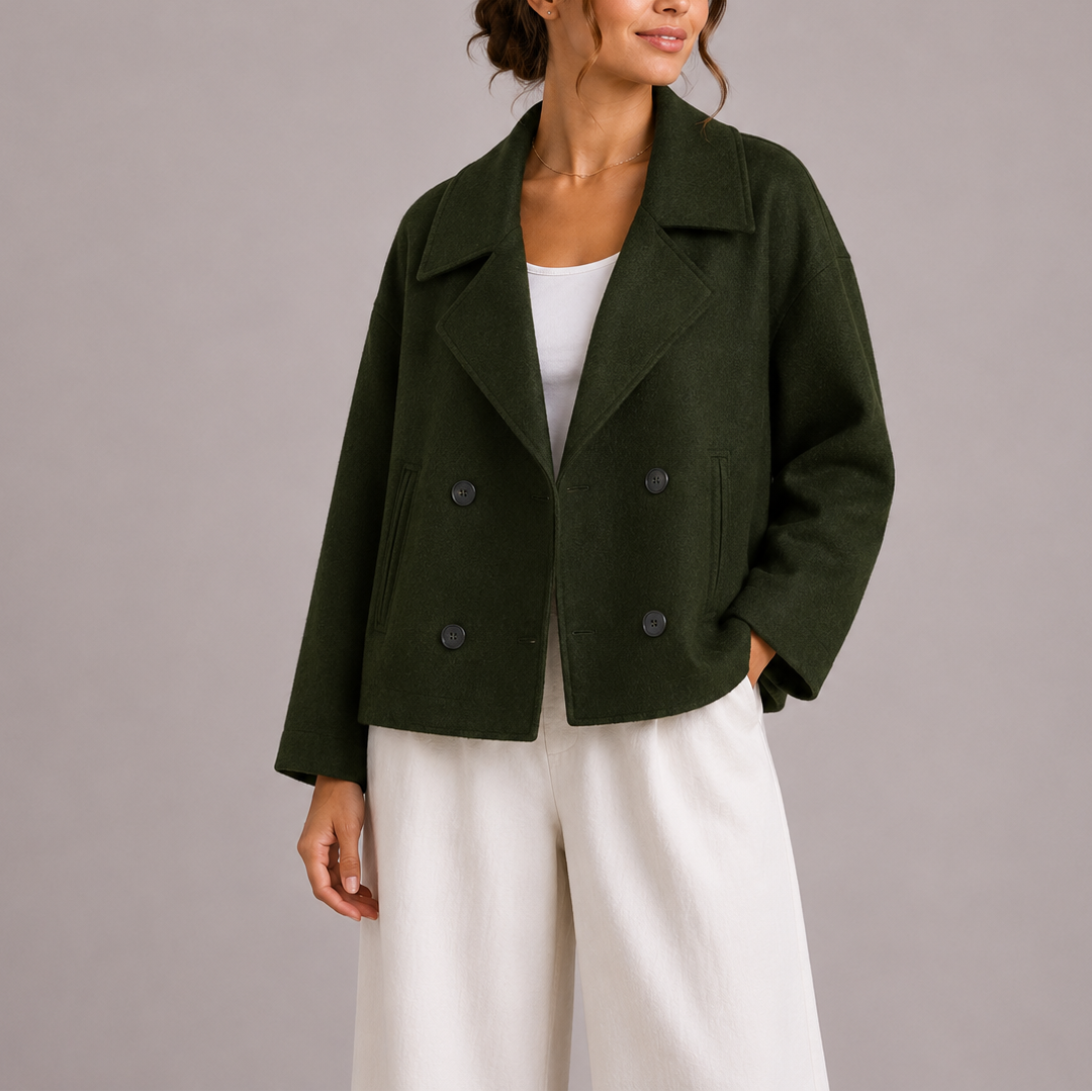 Women’s dark green cropped fitted jacket, notched lapels, button front