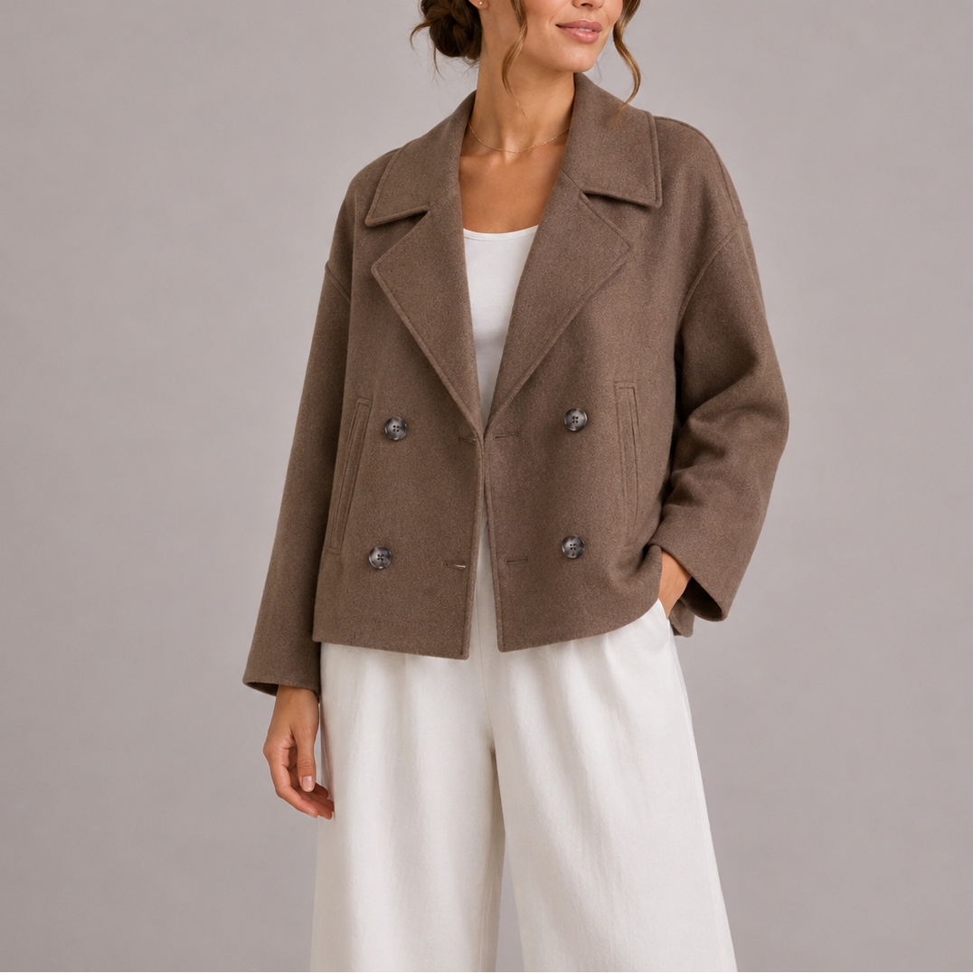 Women’s brown cropped fitted jacket, notched lapels, double-breasted button closure