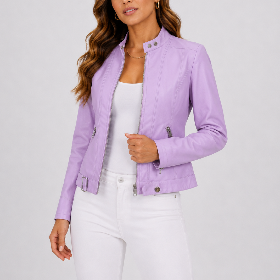 Women’s lavender leather zip-front jacket with zip pockets and snap-strap collar