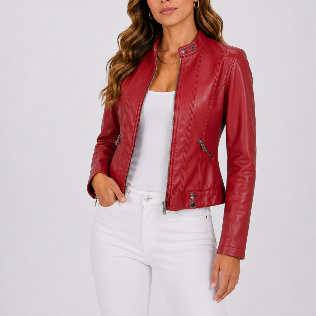 Women’s red leather zip-front jacket with zip pockets and snap-strap collar