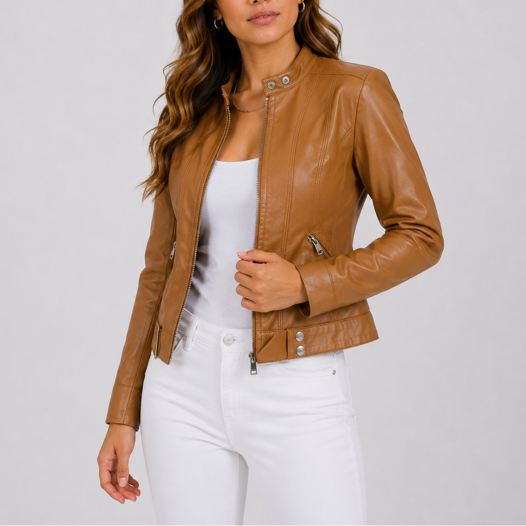 Women’s tan leather zip-front jacket with zip pockets and snap-strap collar
