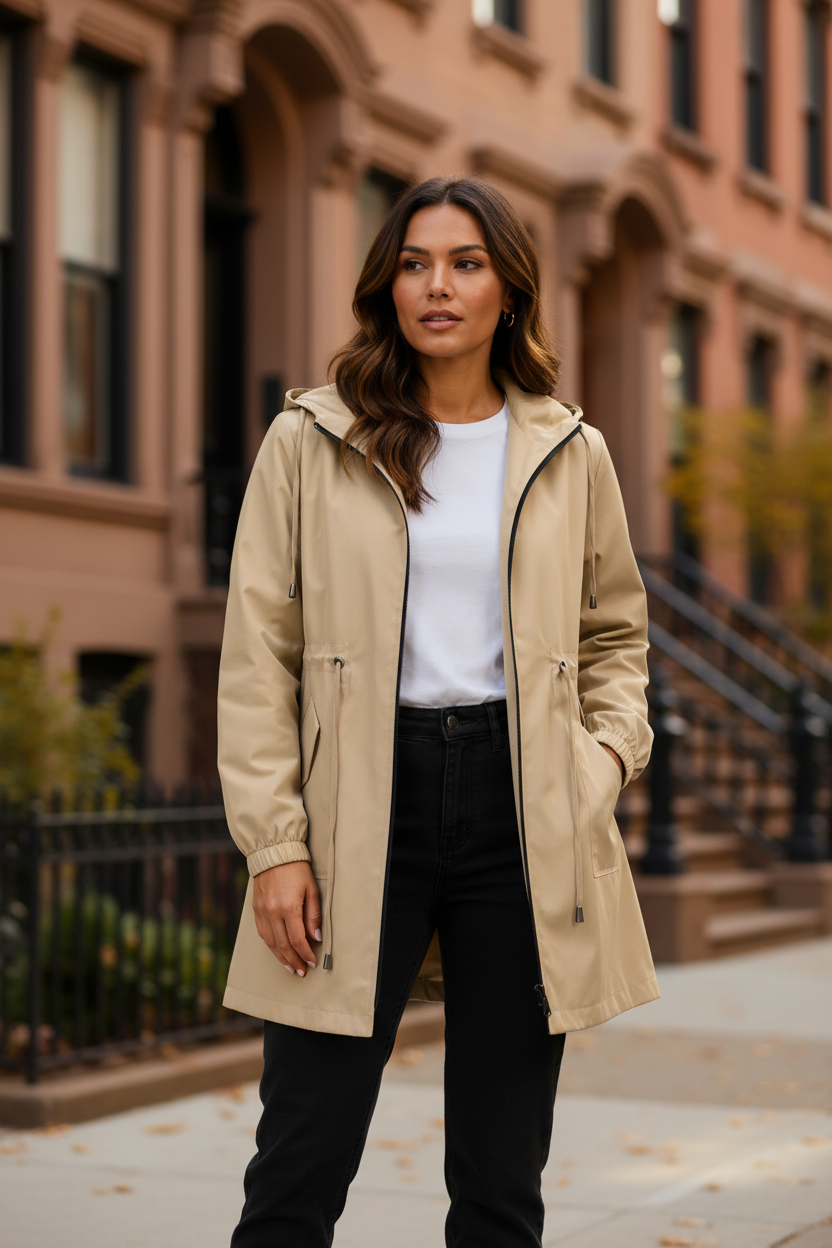 Beige lightweight hooded rain coat with zip front and adjustable drawstring hem