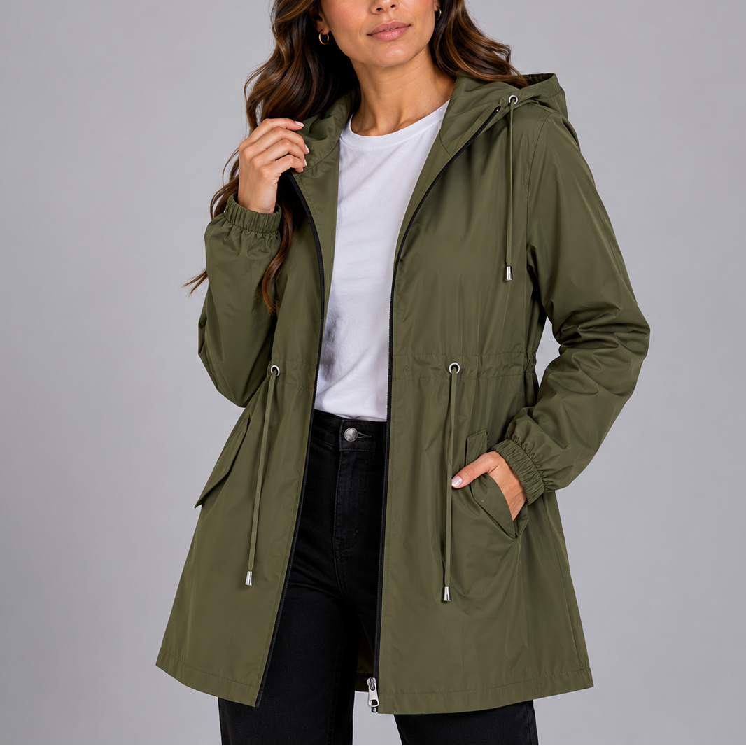 Olive green hooded rain coat with full zip front, side pockets, and drawstring hem