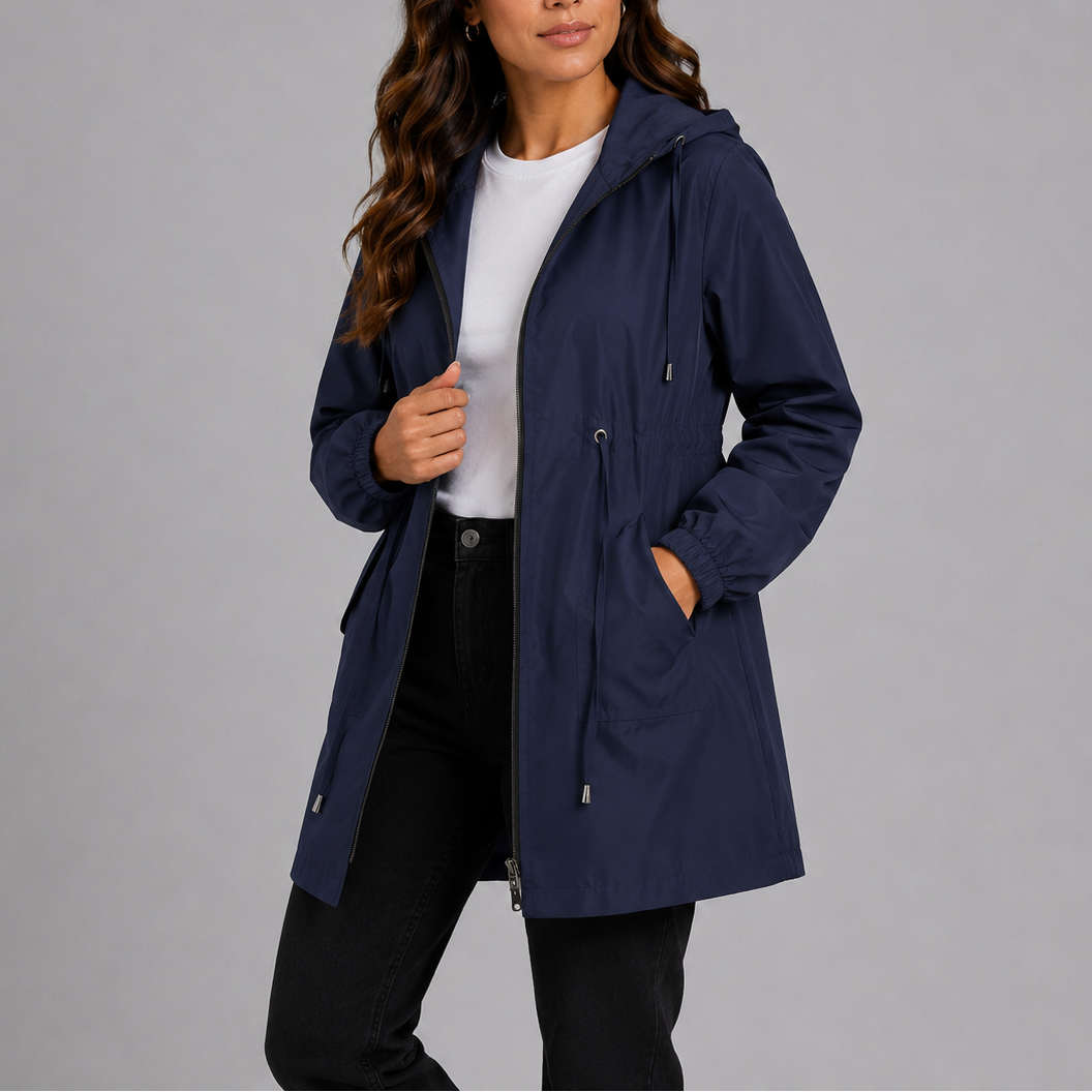 Navy hooded rain coat with zip front, adjustable hood, and kangaroo-style side pockets