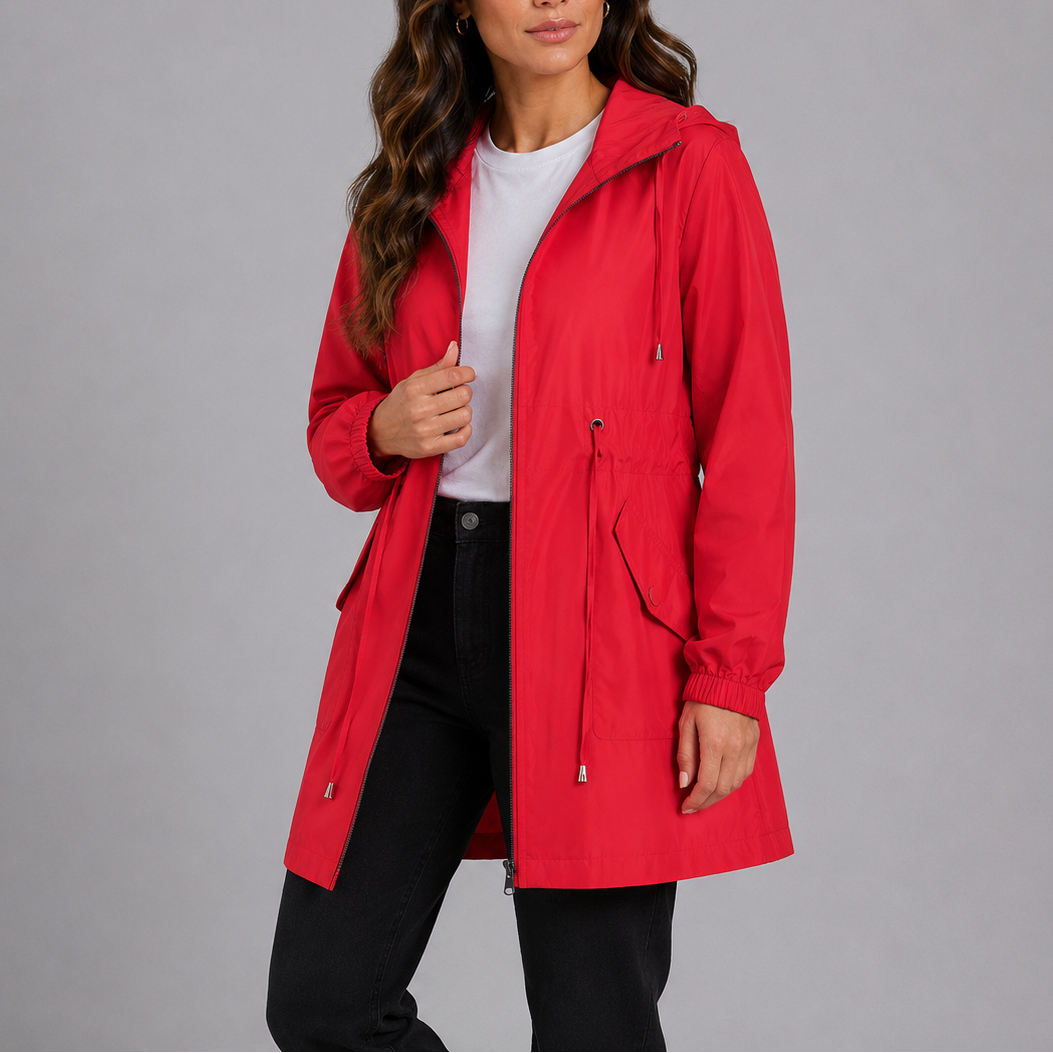 Red hooded lightweight rain coat with zip front and buttoned chest pocket