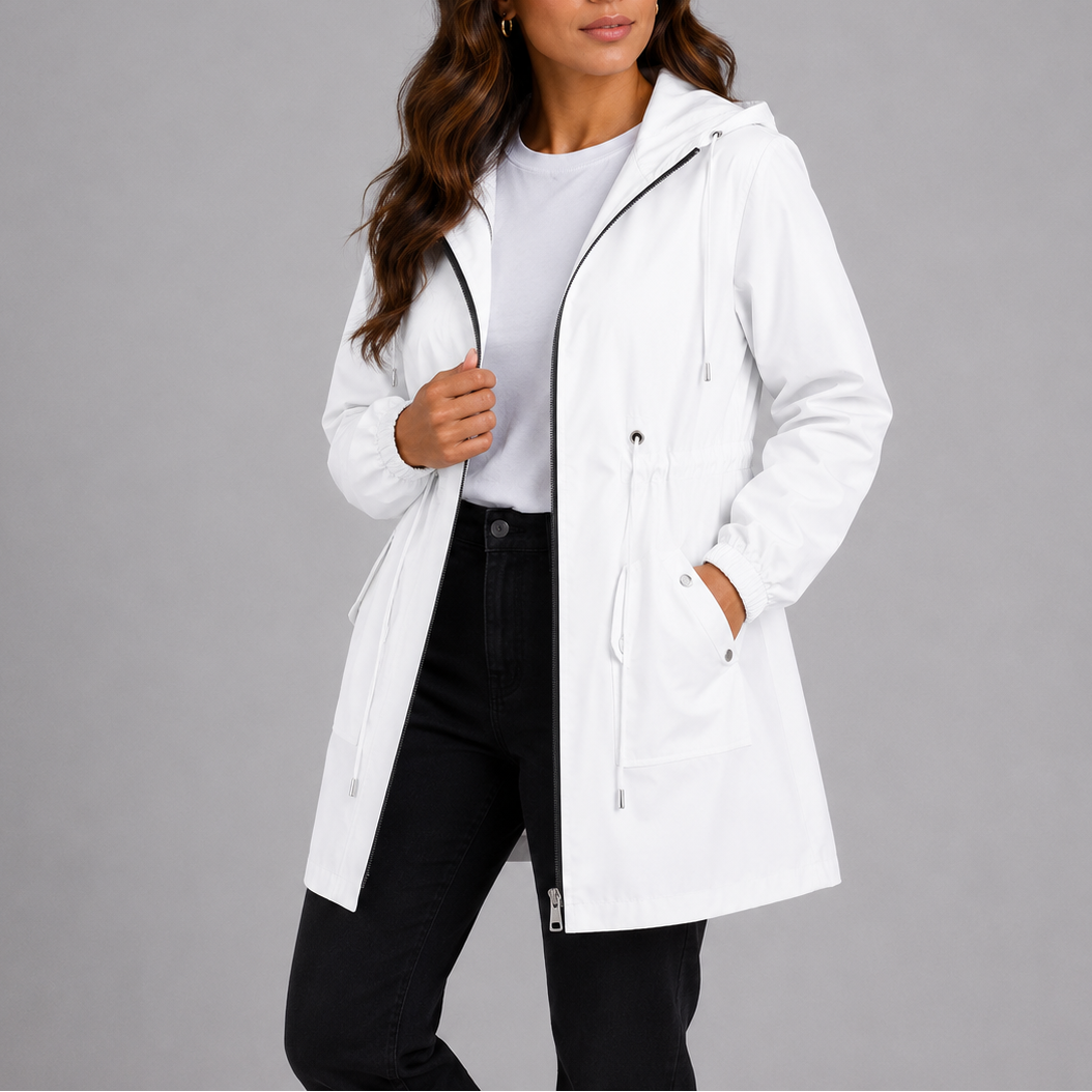 White lightweight hooded rain coat with zip front, drawstring hood, and front pockets