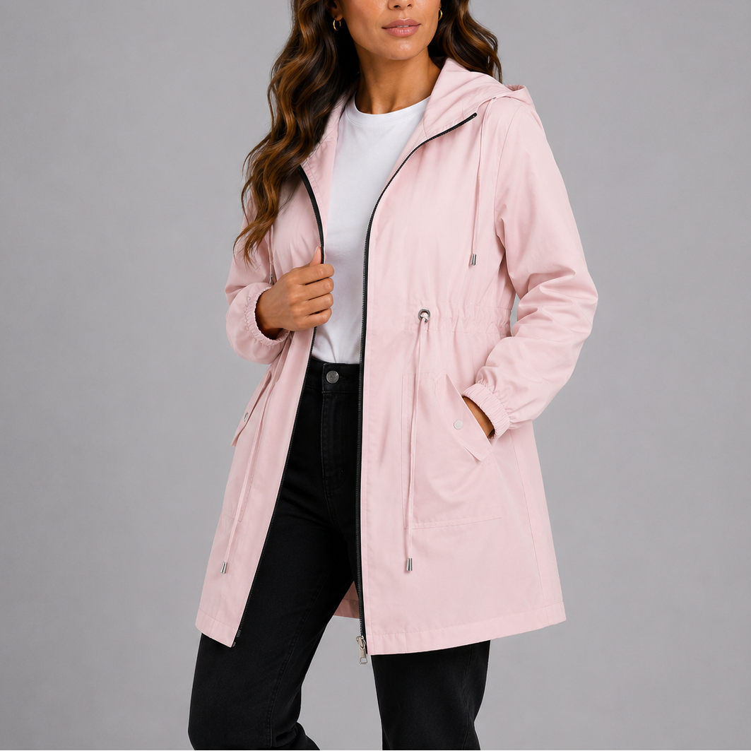 Blush pink hooded rain coat with zip front, adjustable cuffs, and side pockets