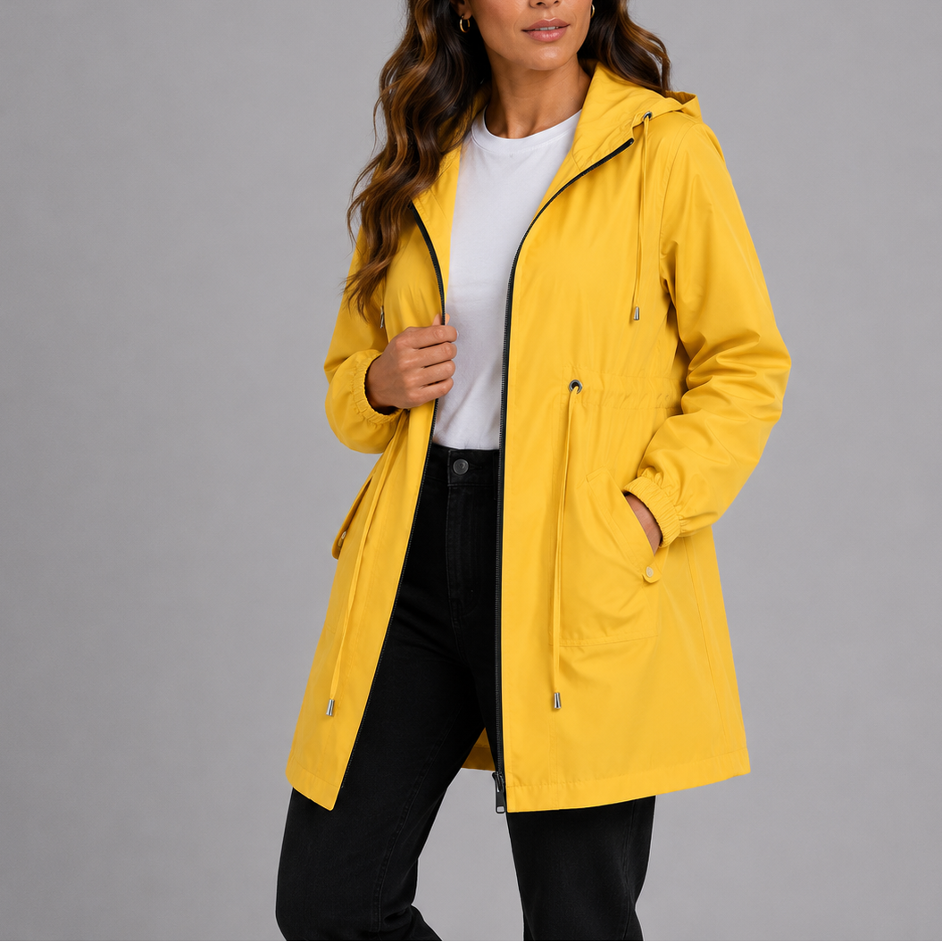 Mustard yellow hooded rain coat with zip front, side pockets, and adjustable drawstrings