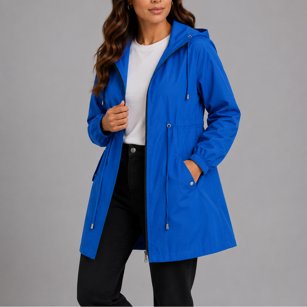 Bright blue hooded lightweight rain coat with zip front and side pockets