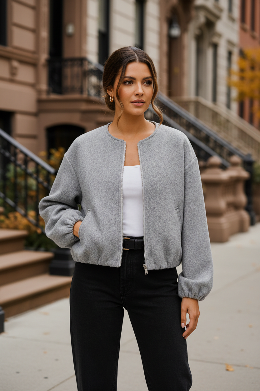 Women’s lightweight gray bomber jacket with front zipper and side pockets