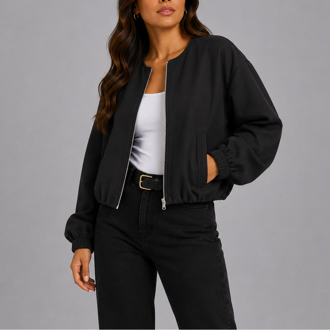 Women’s lightweight black bomber jacket with front zipper and side pockets