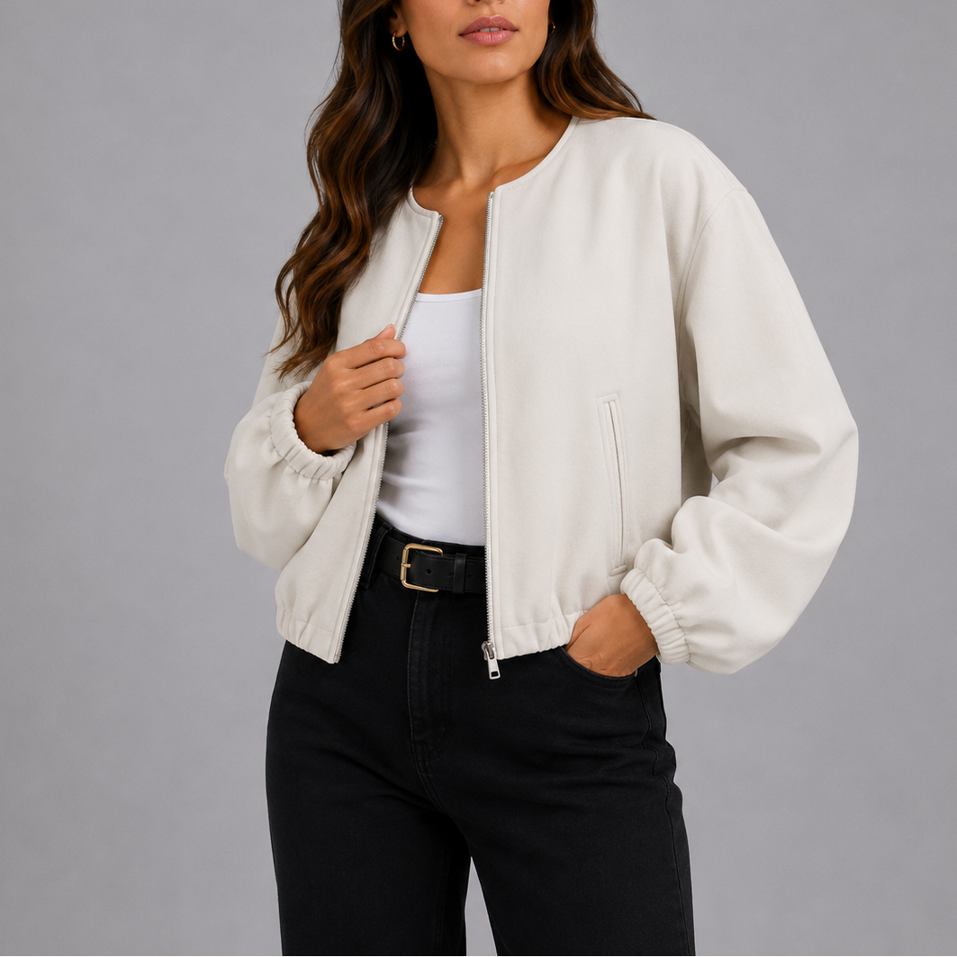 Women’s lightweight white bomber jacket with front zipper and side pockets