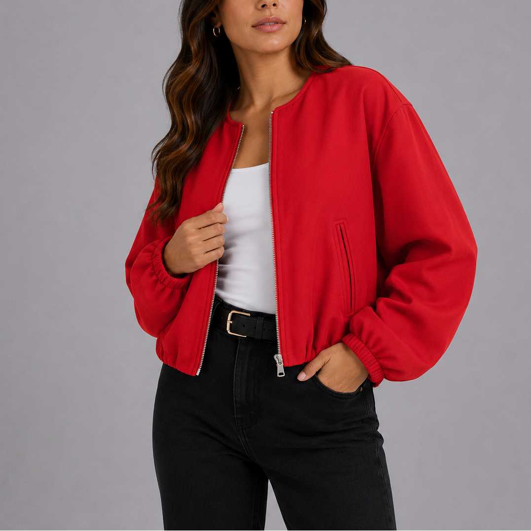Women’s lightweight red bomber jacket with front zipper and side pockets