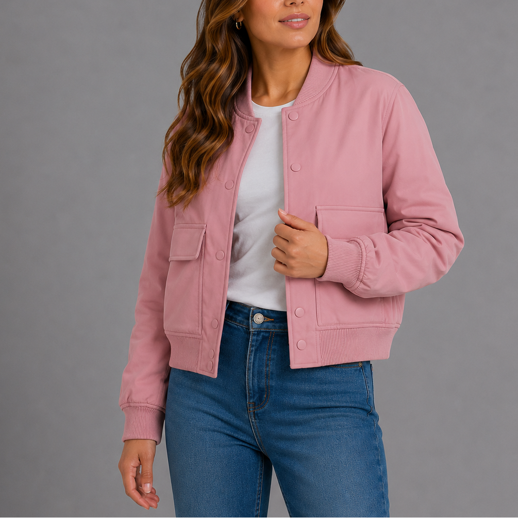 Pink lightweight bomber jacket with snap button front, chest flap pocket