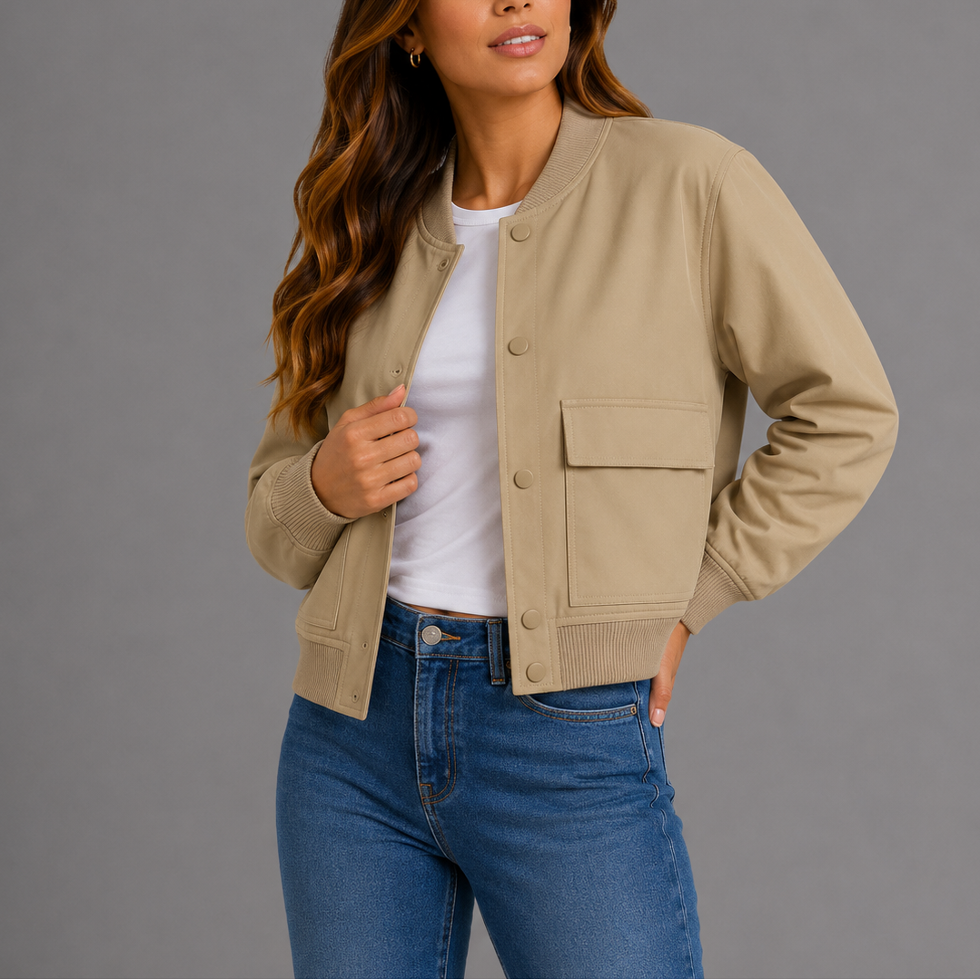 Beige lightweight bomber jacket with snap button front and chest flap pocket