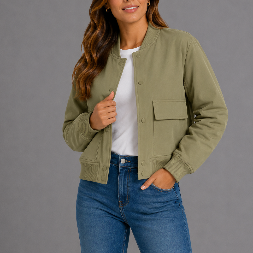 Olive green lightweight bomber jacket with snap button front and chest pocket
