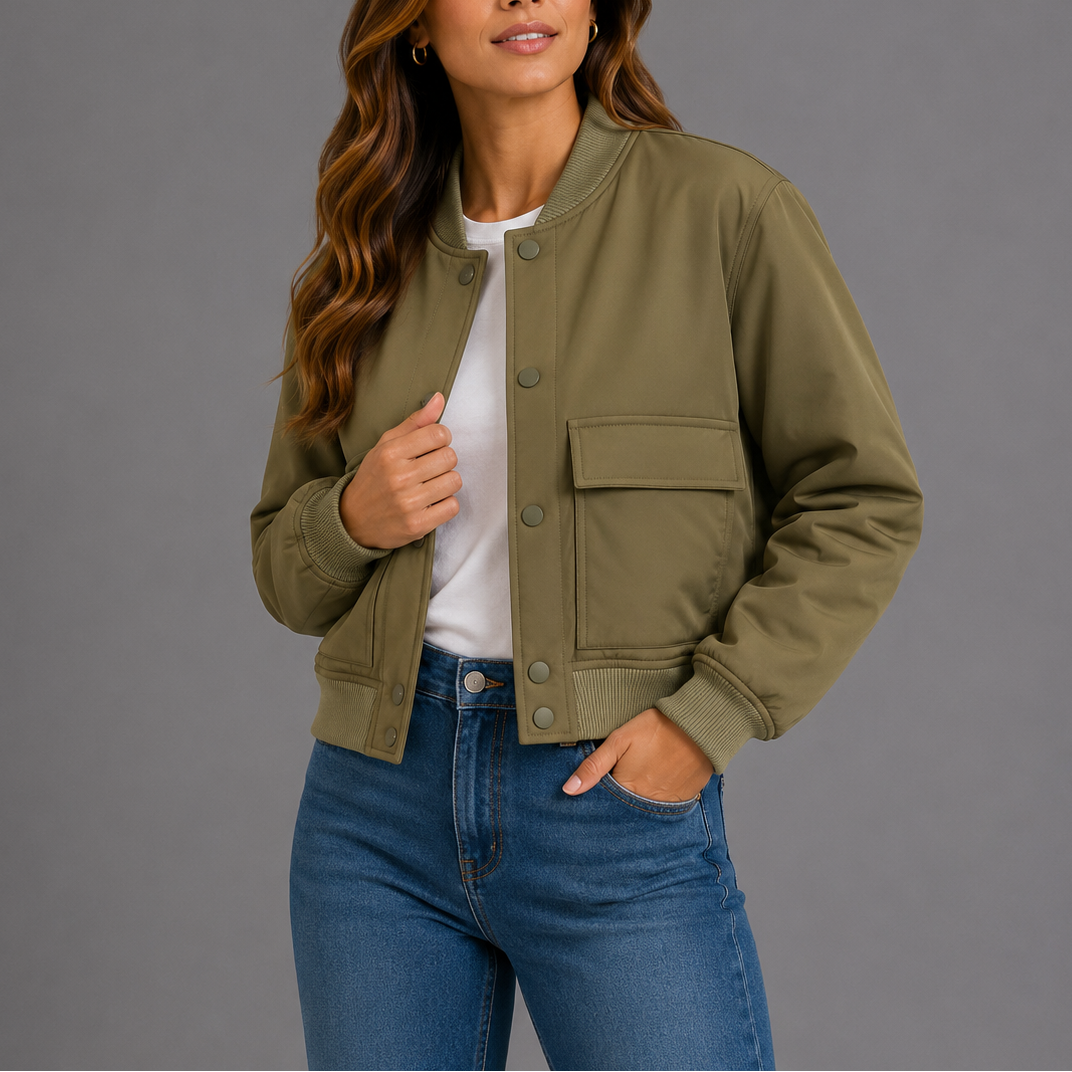 Green lightweight bomber jacket with snap button front and chest flap pocket