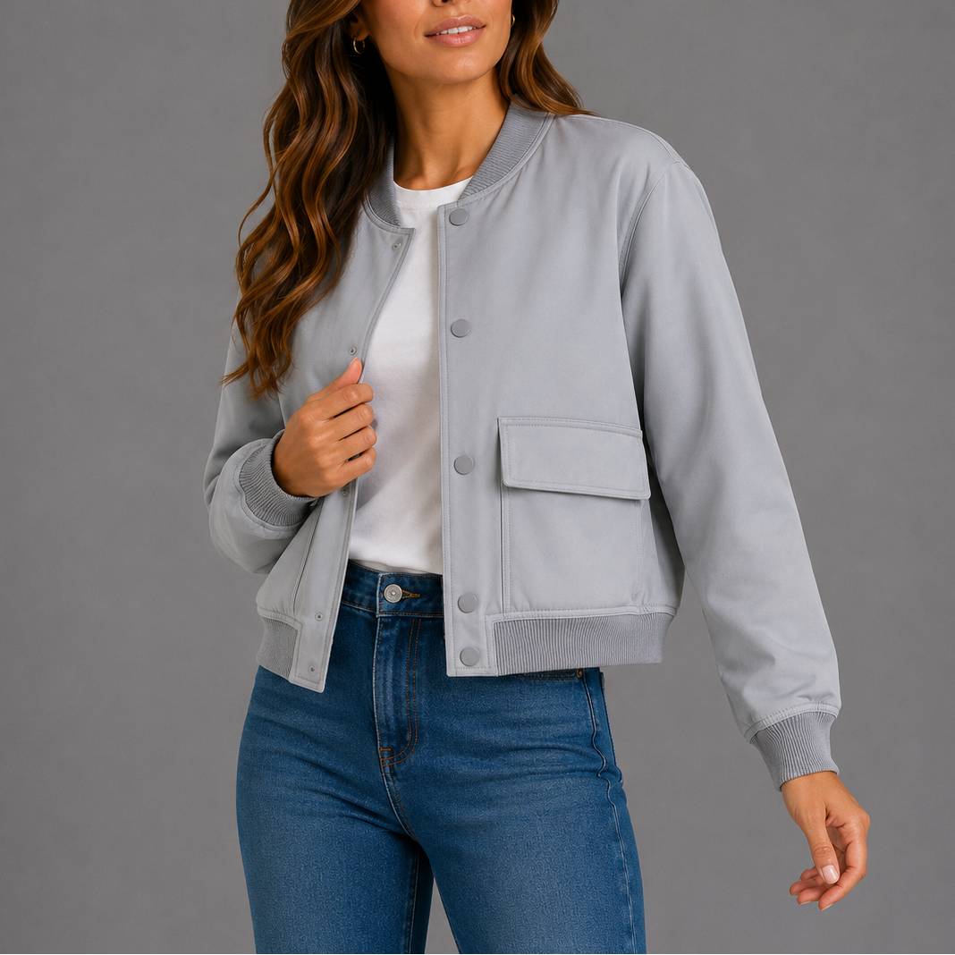 Grey lightweight bomber jacket with snap button front and chest pocket