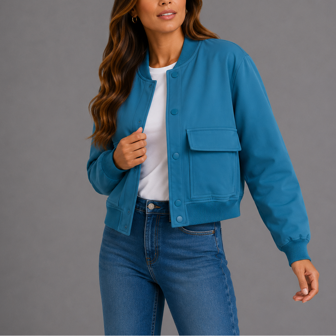 Blue lightweight bomber jacket with snap button front and chest pocket