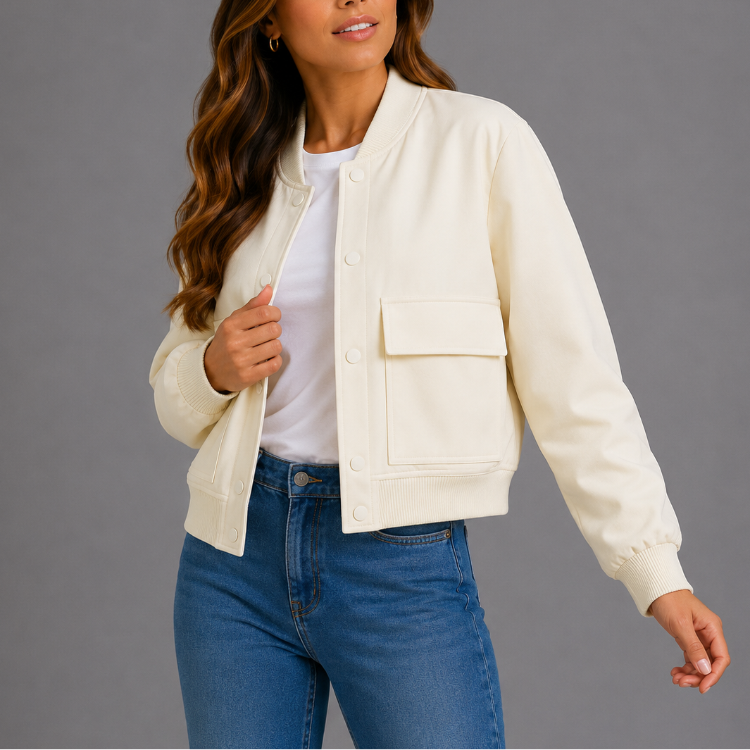 White lightweight bomber jacket with snap button front and chest flap pocket