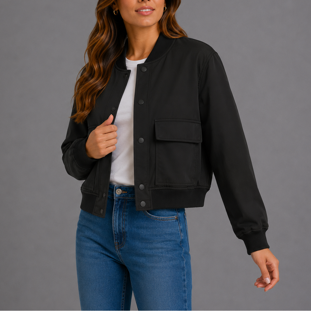 Black lightweight bomber jacket with snap button front and chest flap pocket