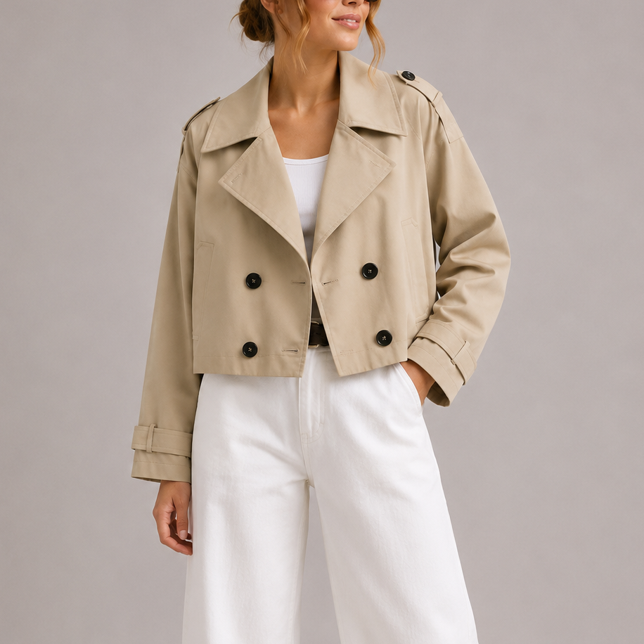 Beige cropped trench coat for women with double-breasted buttons and stand collar