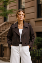 Women’s cropped trench coat in dark brown with double-breasted buttons and flap pockets
