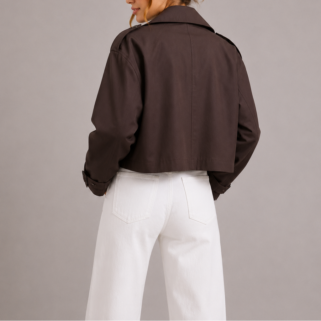 Dark brown cropped trench coat for women with double-breasted buttons and stand collar