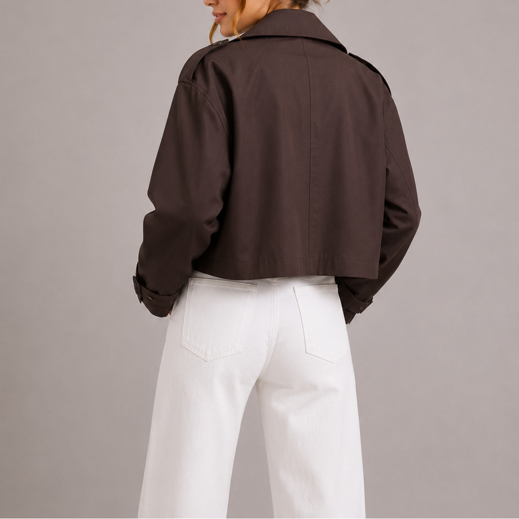 Dark brown cropped trench coat for women with double-breasted buttons and stand collar