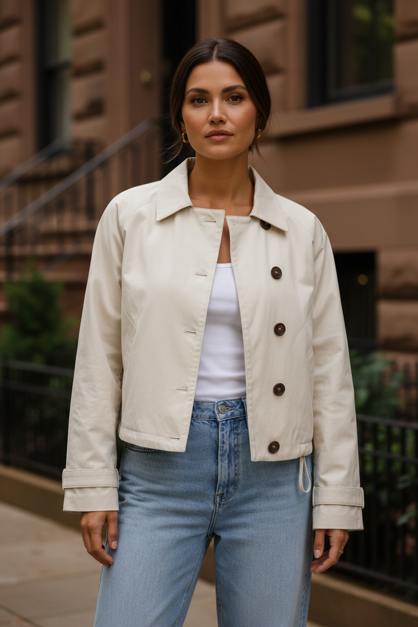Women’s cropped button-front jacket with classic collar, beige, front with button placket