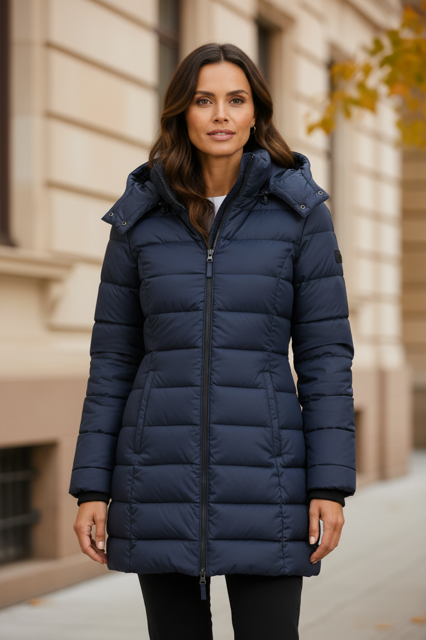 Women's long hooded puffer jacket, navy with zip front, hood, and side pockets