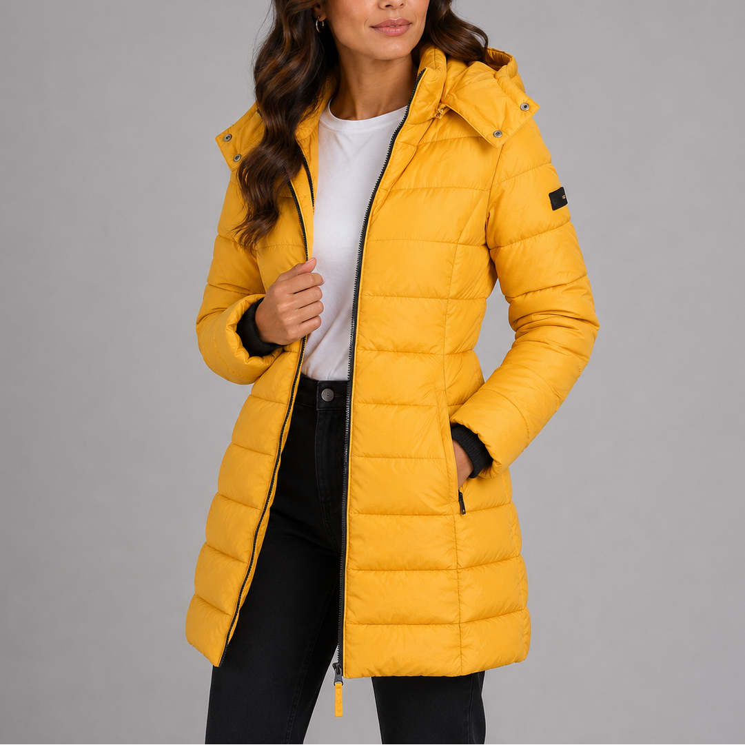 Women's long hooded puffer jacket, bright yellow quilted insulation with zip front