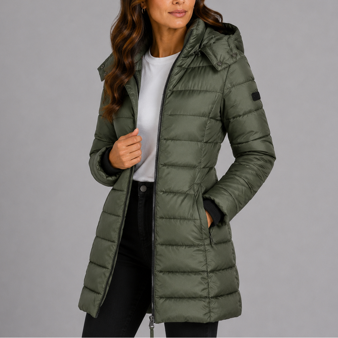 Women's long hooded puffer jacket, dark green quilted insulation with zip front and hood