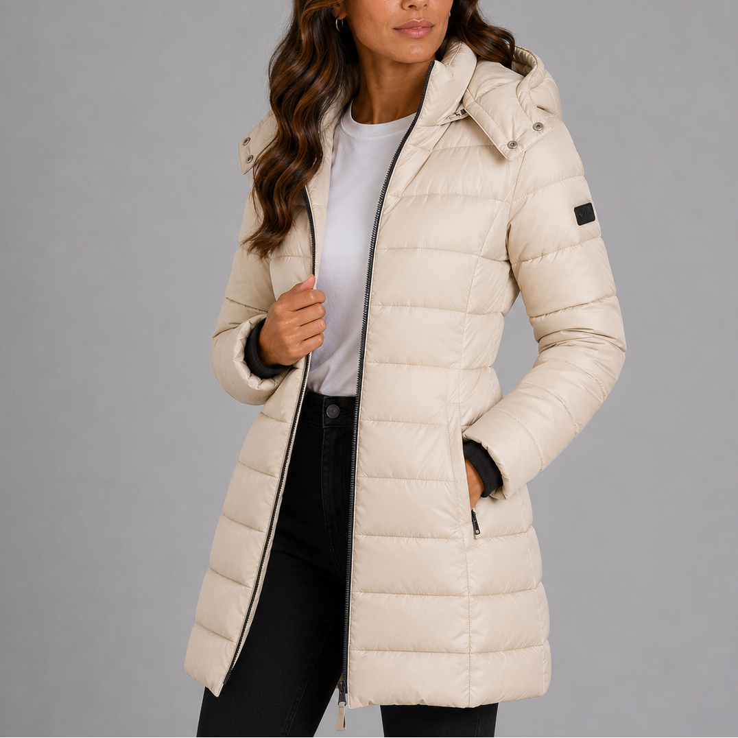 Women's long hooded puffer jacket, beige quilted insulation with zip front and hood