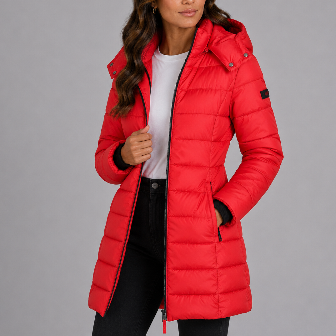 Women's long hooded puffer jacket, red quilted insulation with zip front and hood