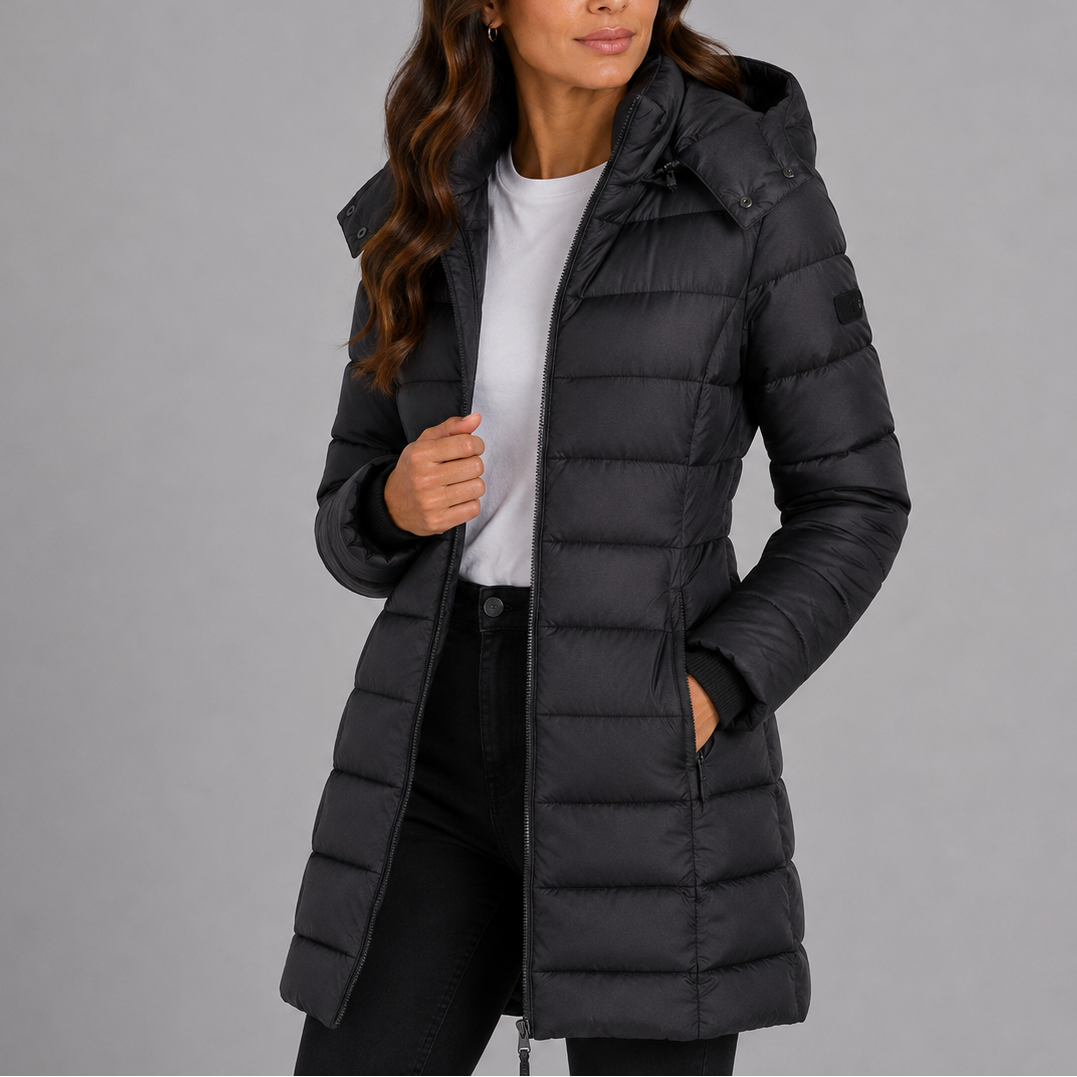 Women's long hooded puffer jacket, black quilted insulation with zip front and hood