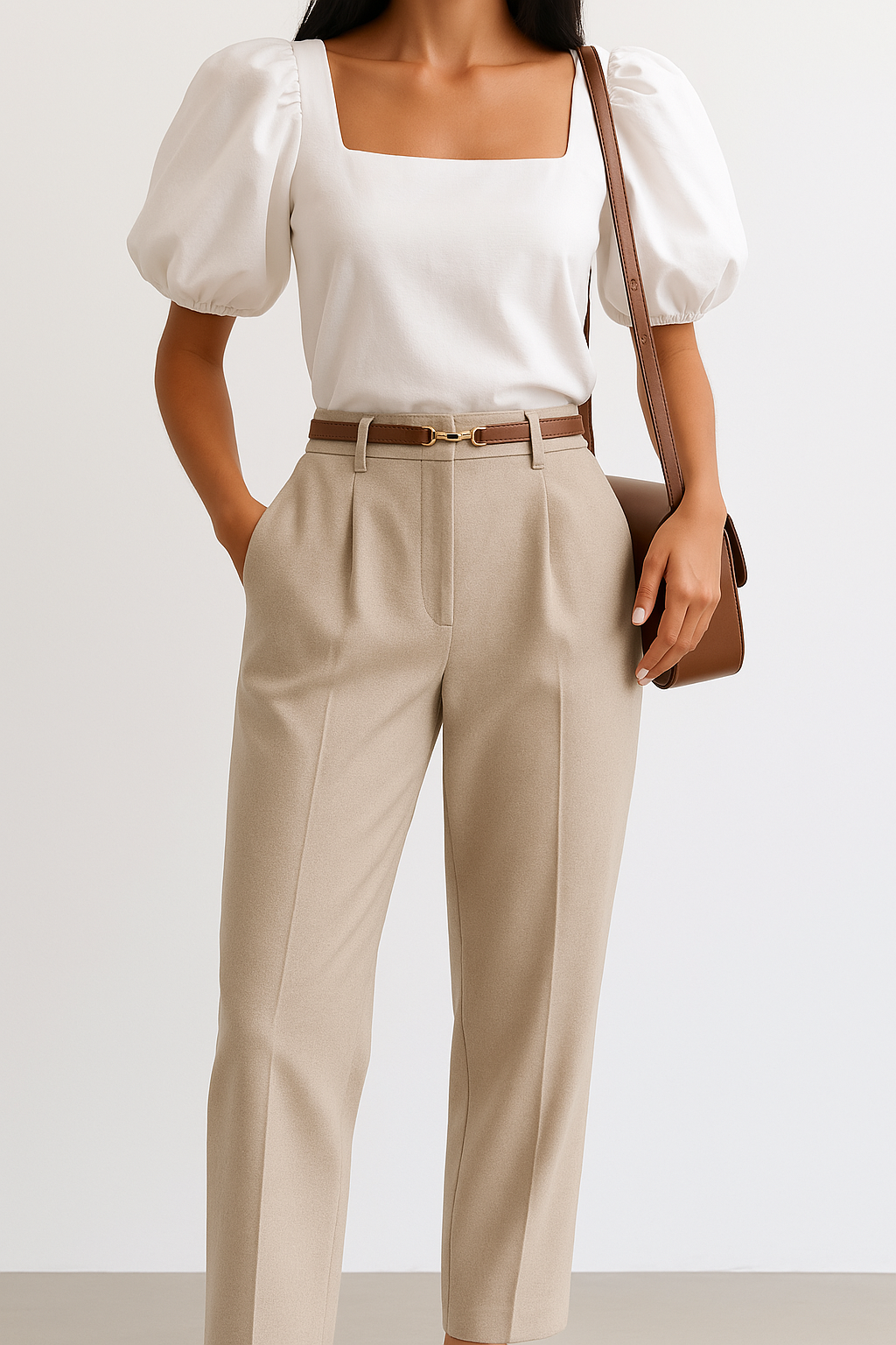 White square-neck blouse with puff sleeves and beige high-waisted wide-leg trousers