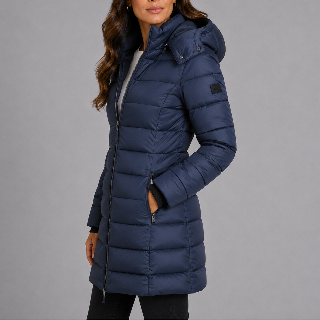 Women's long hooded puffer jacket, navy quilted insulation with zip front and hood