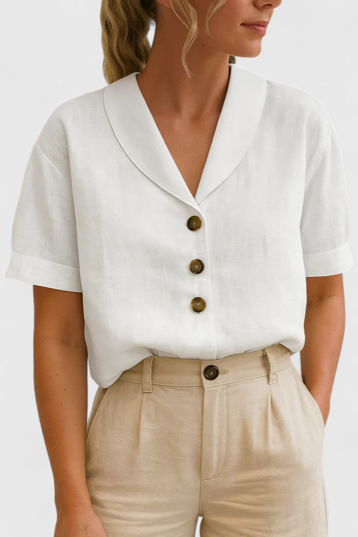 White short-sleeve blouse, V-neck button front with gold-toned buttons