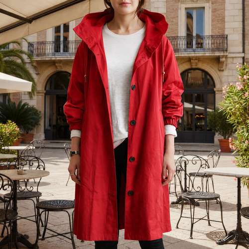 Red hooded waterproof trench coat with button-front and long sleeves