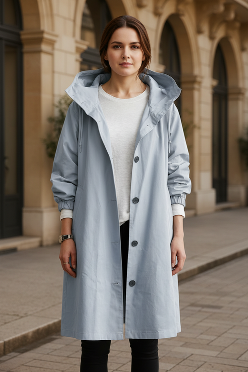 Light blue hooded waterproof trench coat with button-front and long sleeves