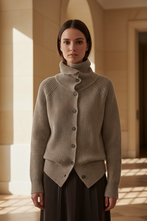 Women's taupe ribbed knit turtleneck sweater, button-front